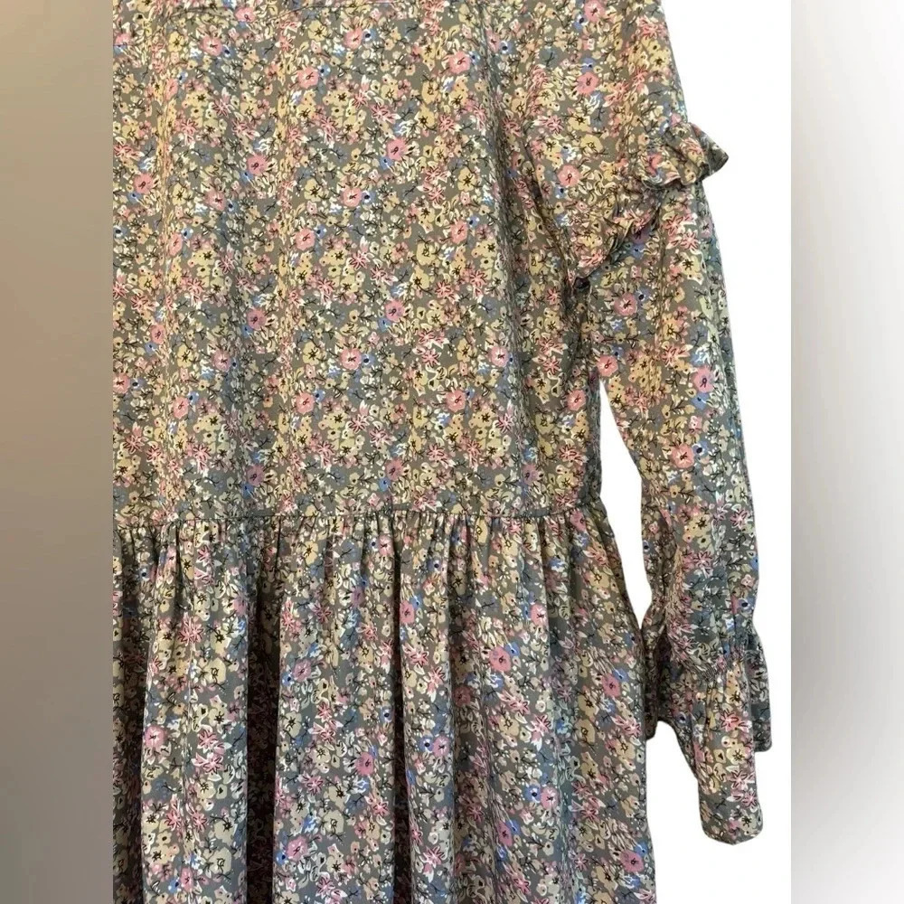 Walter Baker Prairie Ruffle Floral Long Sleeve Dress Grey Pink Size 0 - Picture 5 of 6